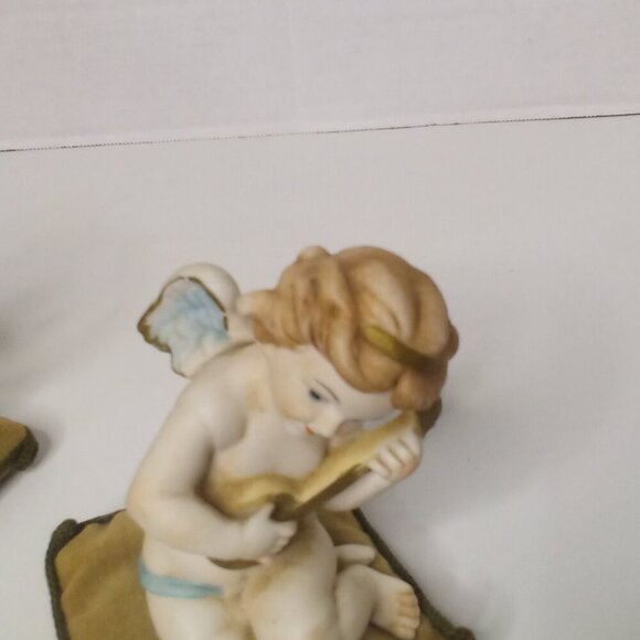 Vintage Angel Figure On Pillow Lot of 2 Guitar Flute Cherubs Ceramic 5" Tall - Picture 10 of 16